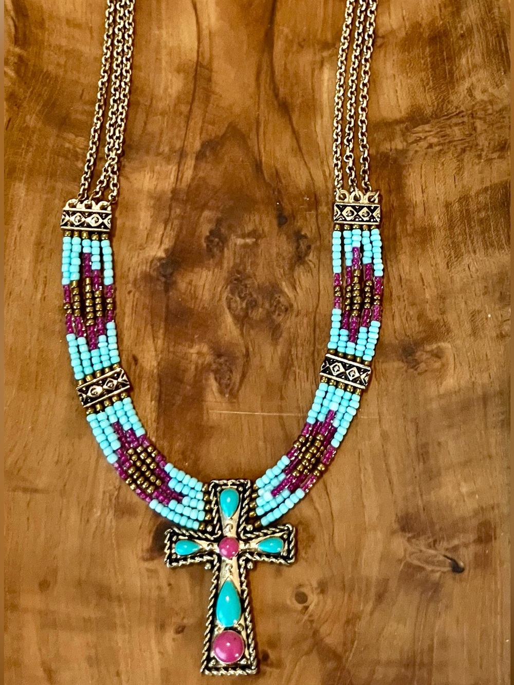 Southwestern Turquoise Pink Seed Bead Cross Pendant Statement Necklace